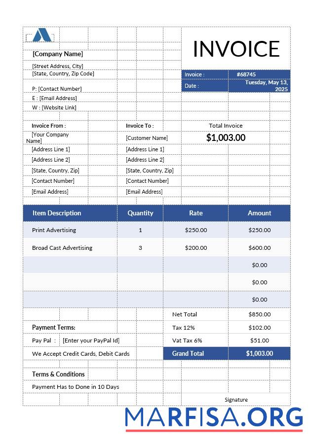 Printable Advertising Invoice Template